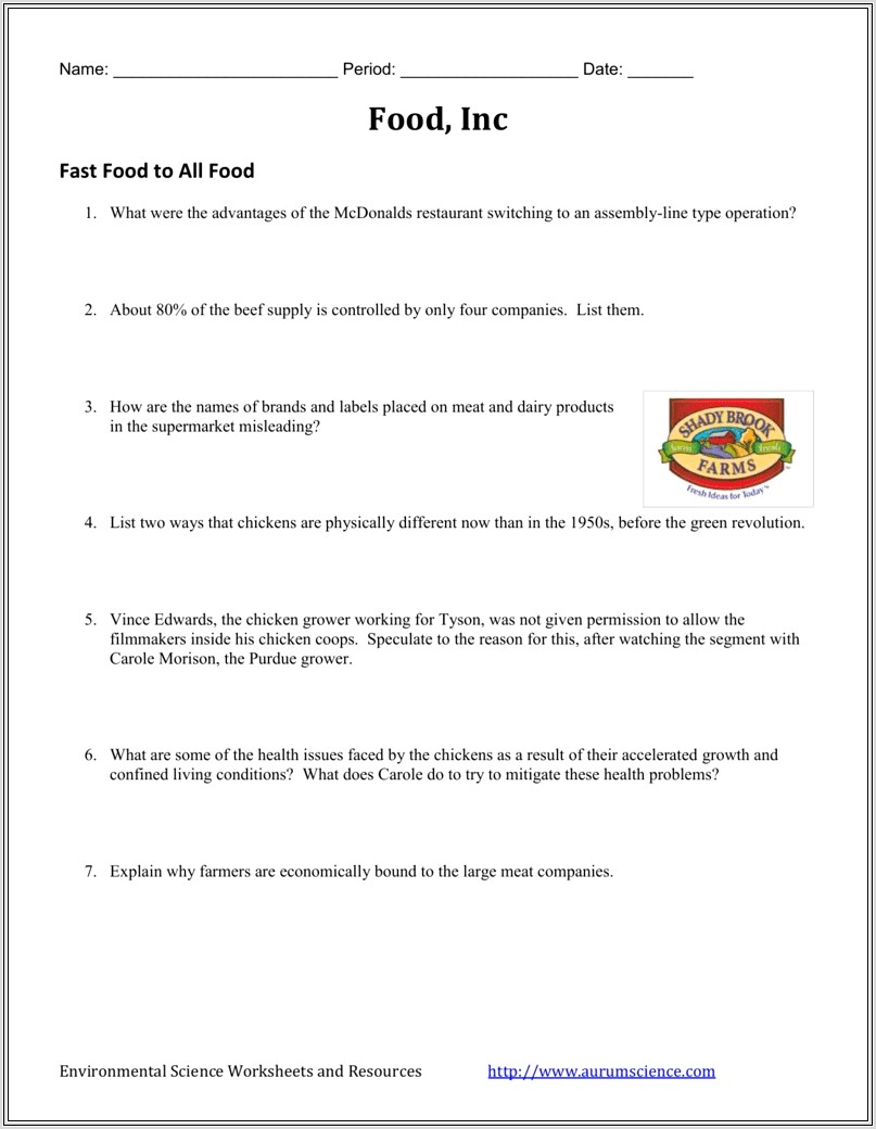 Food Inc Viewing Worksheet