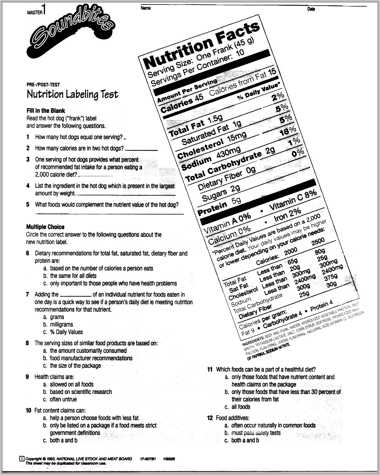 Food Label Nutrition Worksheet