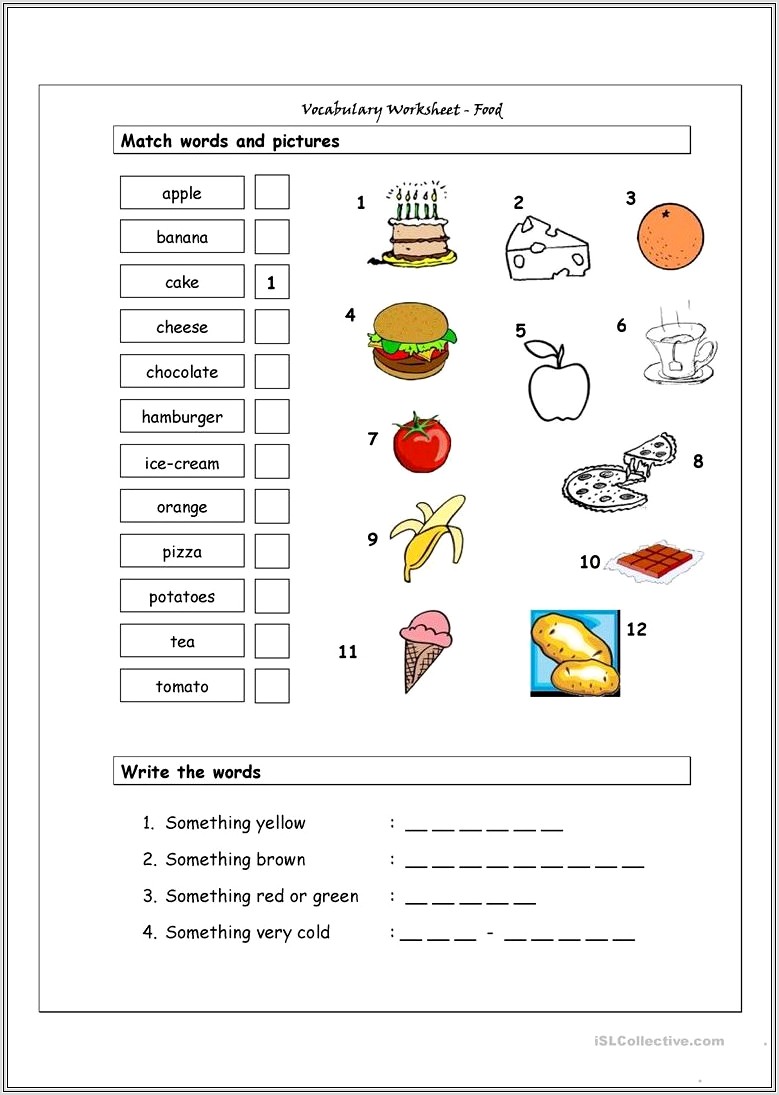 Food Vocabulary Worksheet Esl
