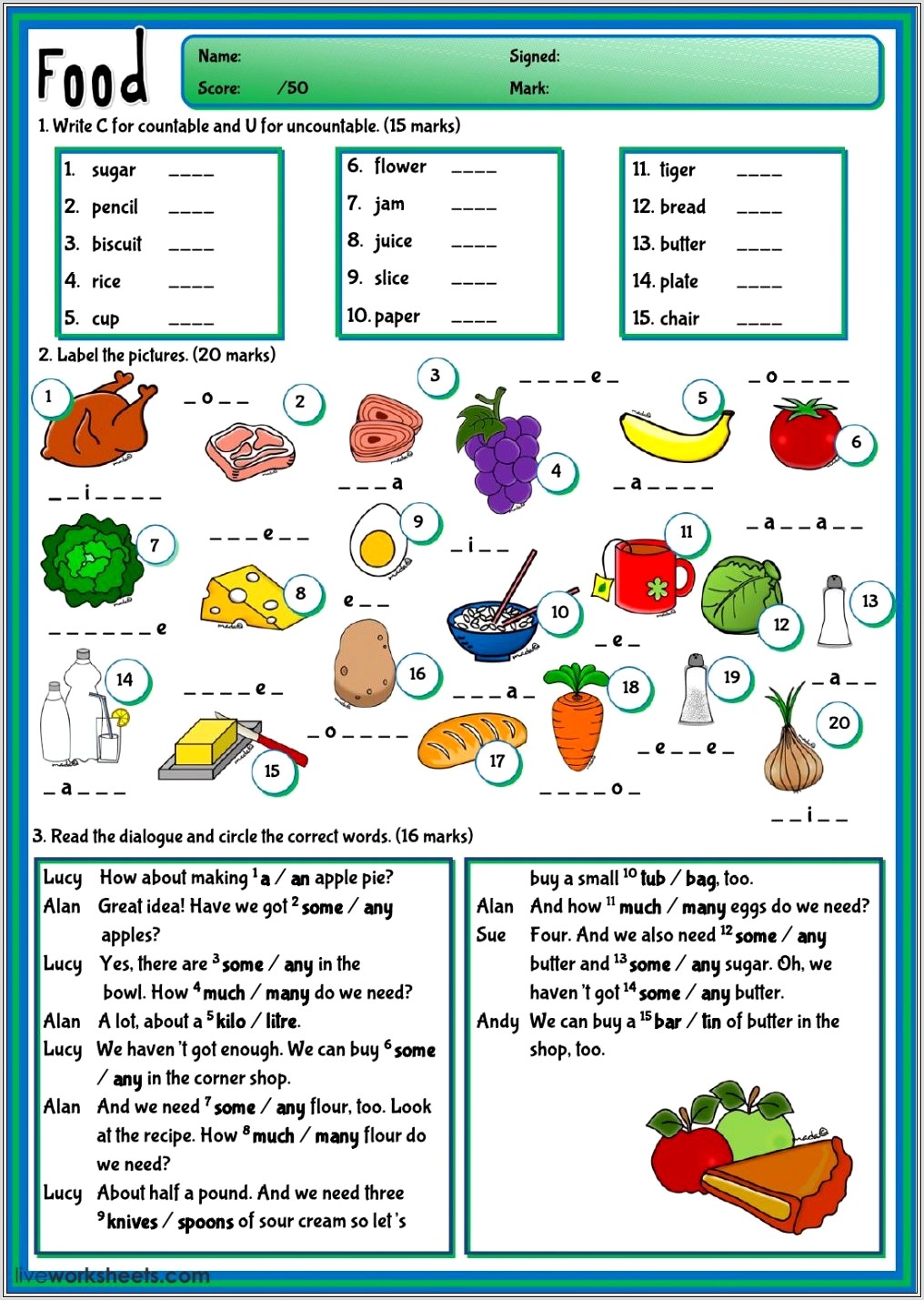 Food Worksheet Grade 2