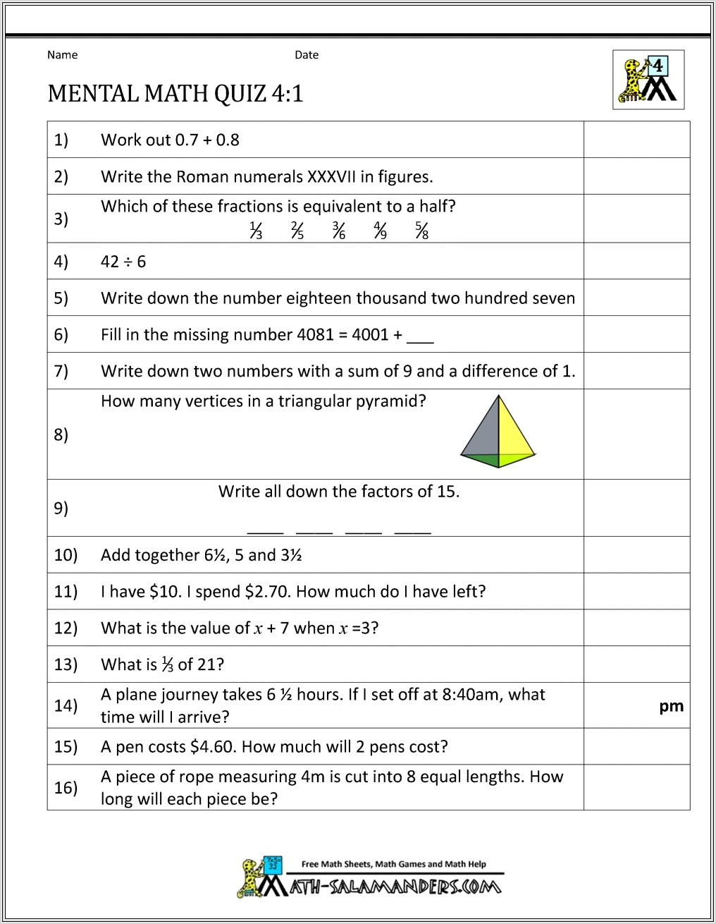 Fourth Grade Math Assessment Printable