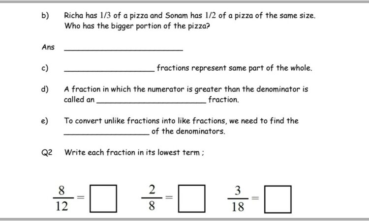 Fractions Worksheet Class 5