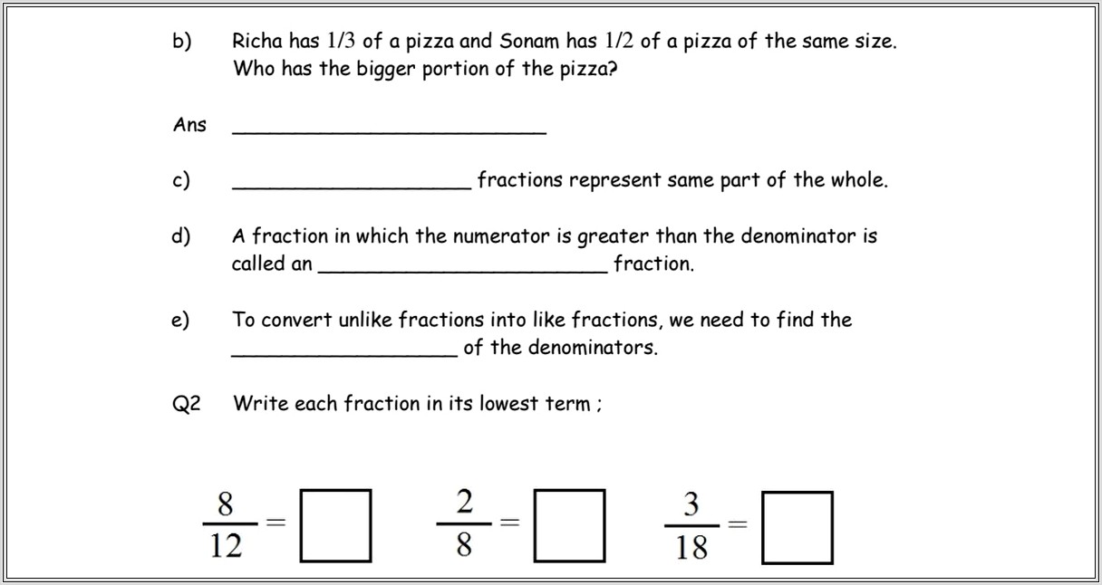 Fractions Worksheet Class 5