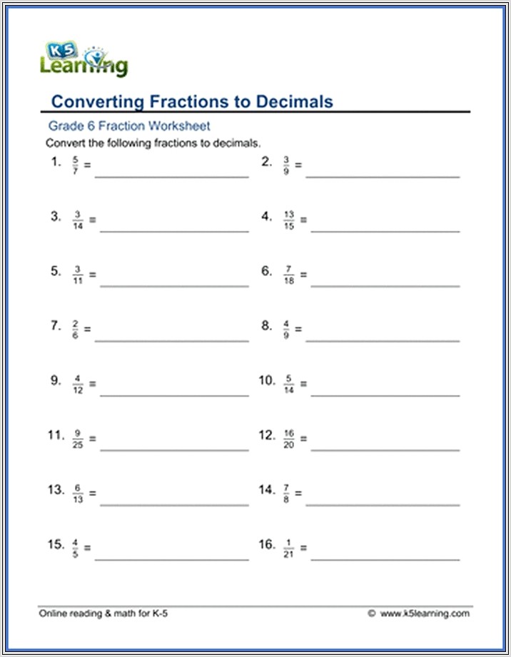 Fractions Worksheet Level 6