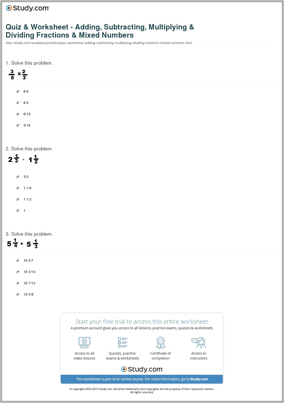 Fractions Worksheet Subtracting Mixed Numbers