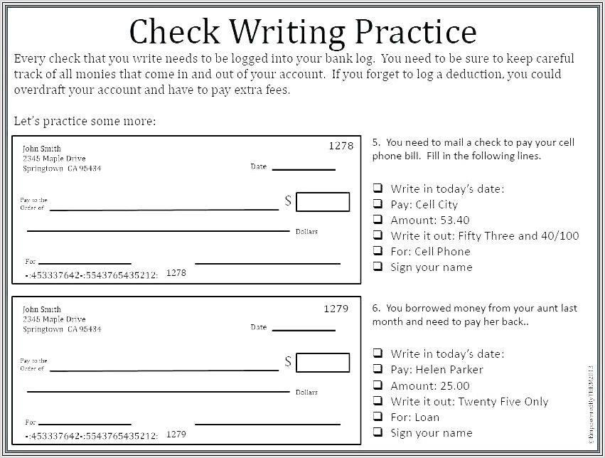 Free Check Writing Activity Worksheets