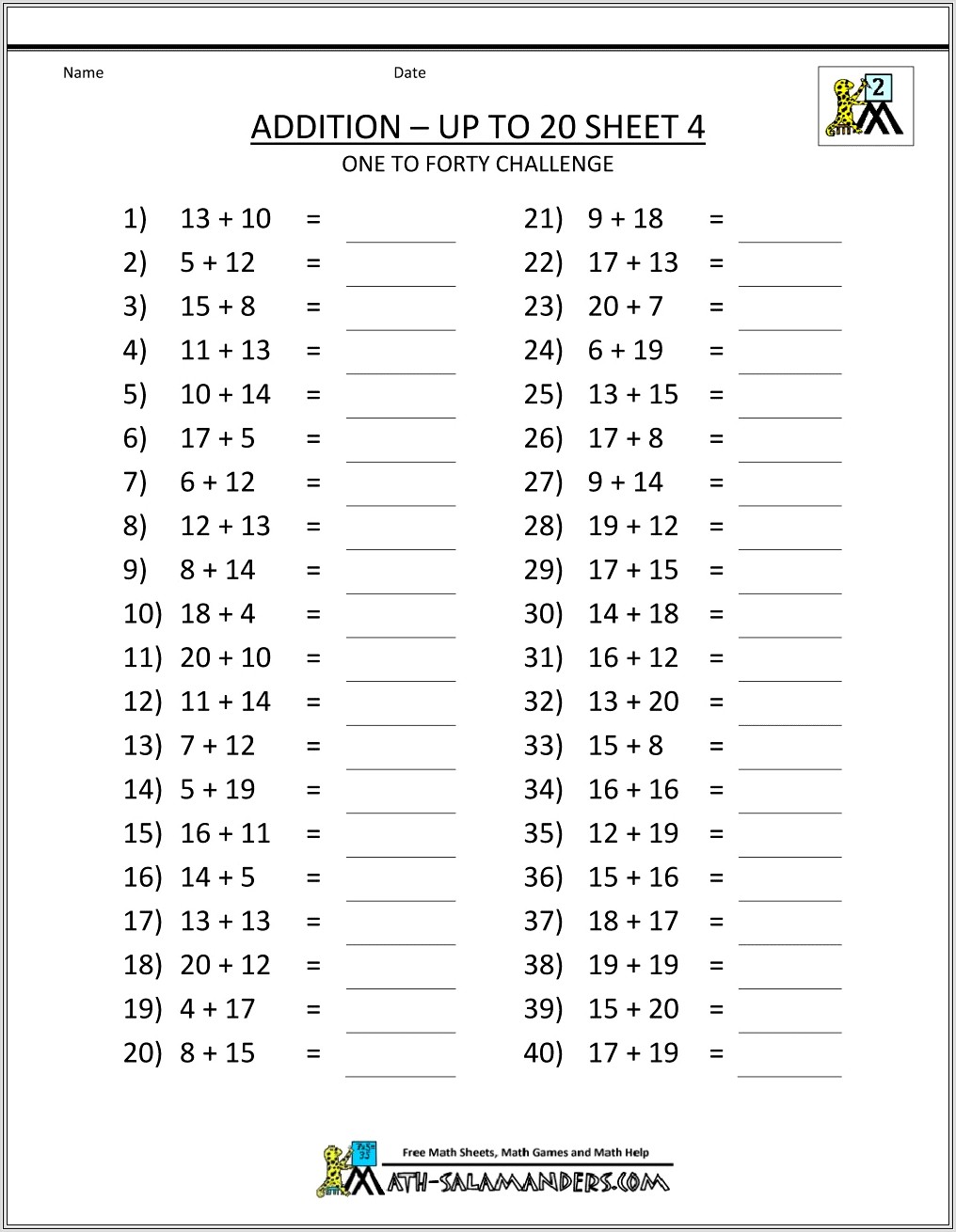 Free Math Worksheets Addition To 20