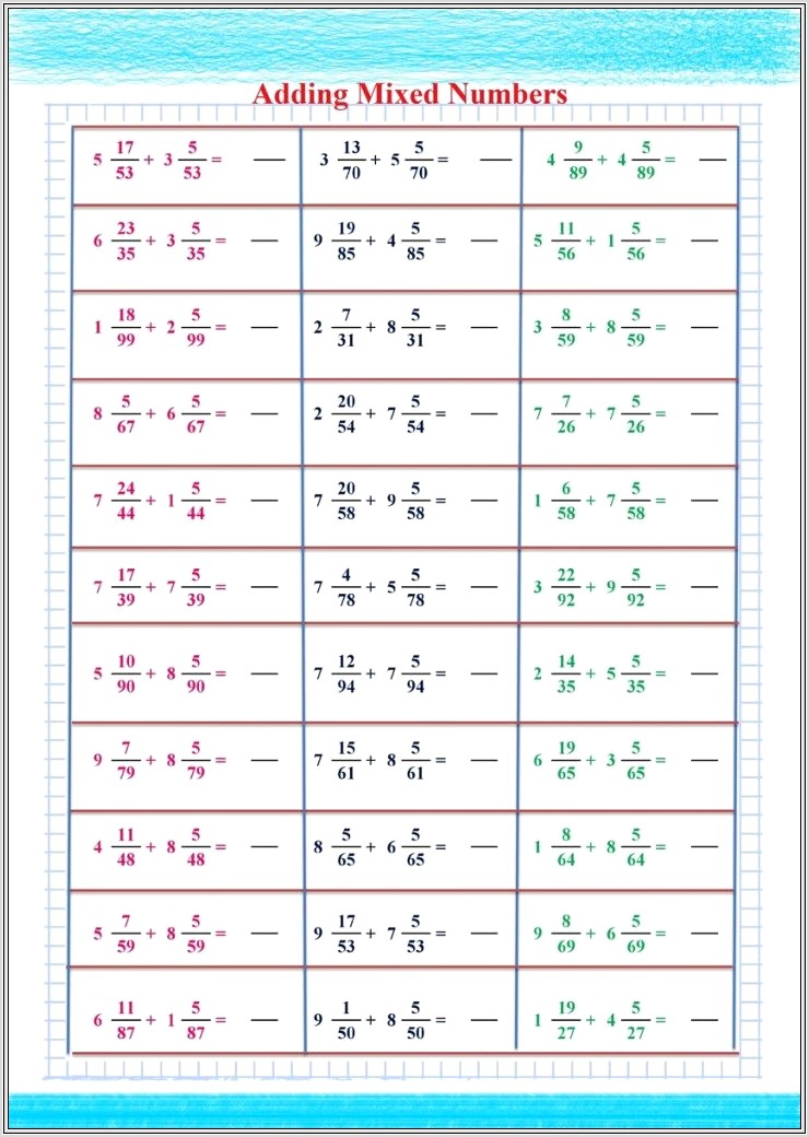 Free Math Worksheets Mixed Numbers