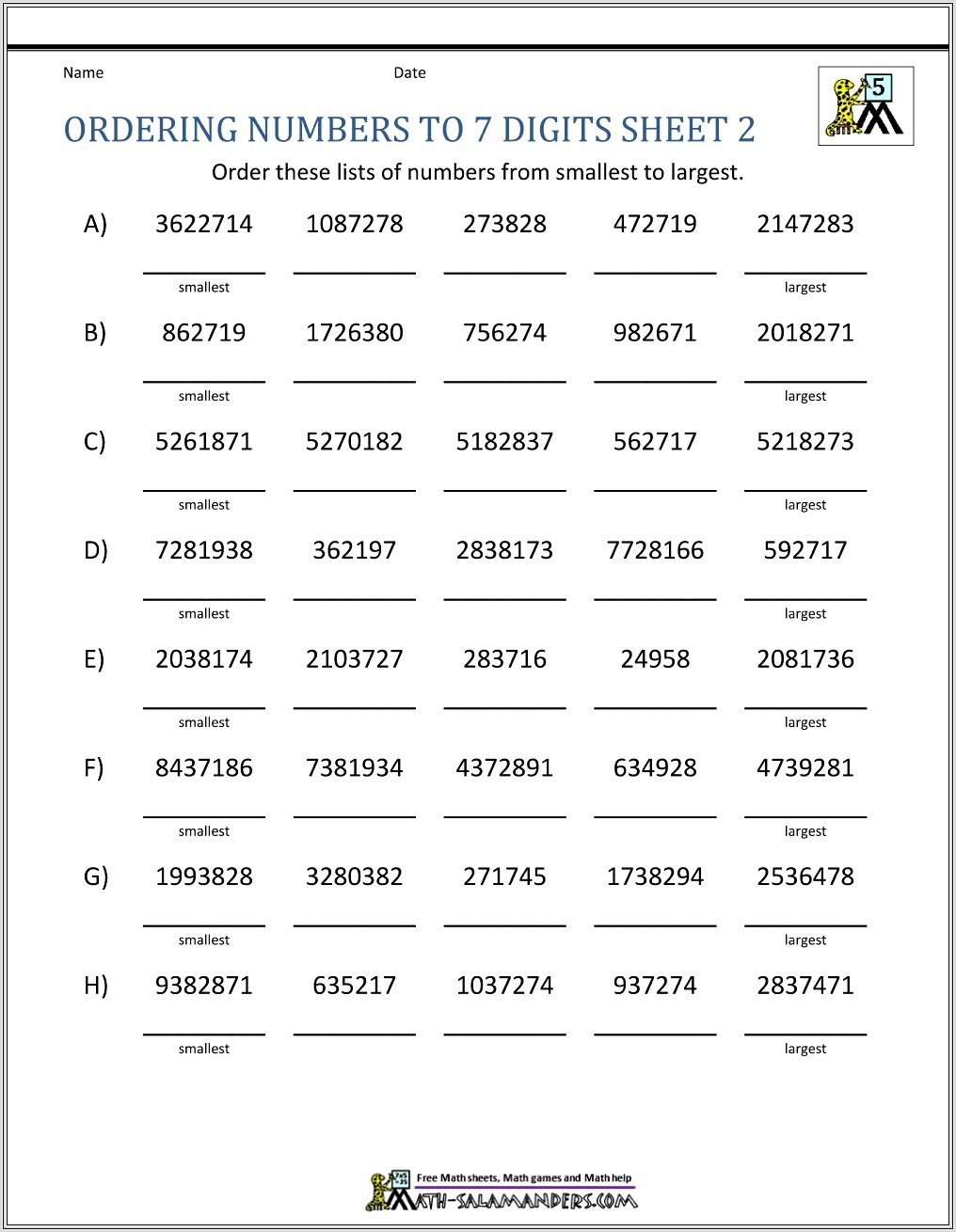 Free Printable Comapring Numbers Worksheet