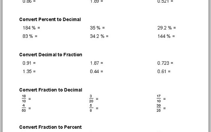 Free Printable Fraction Decimal Percent Worksheet