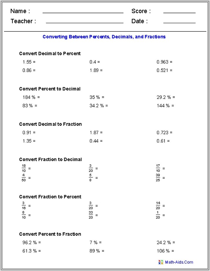 Free Printable Fraction Decimal Percent Worksheet