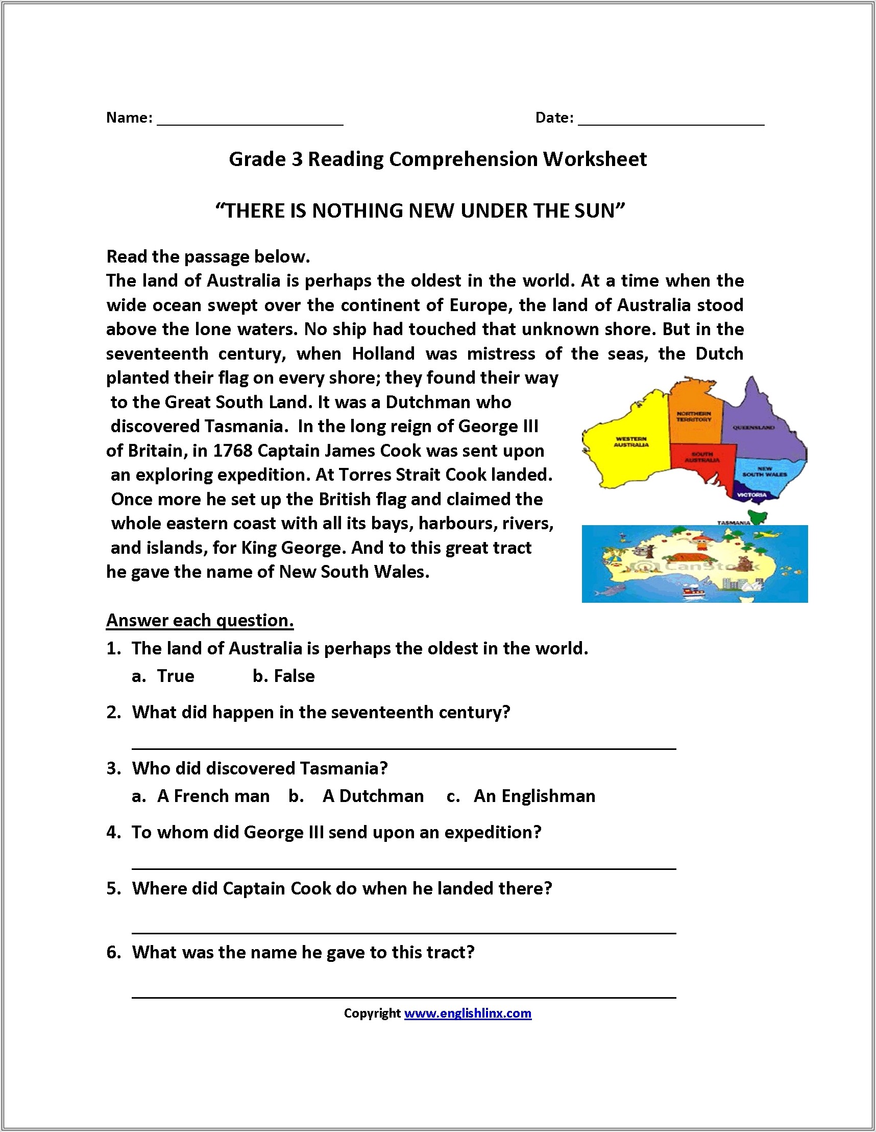 Free Printable Reading Comprehension Worksheets Third Grade
