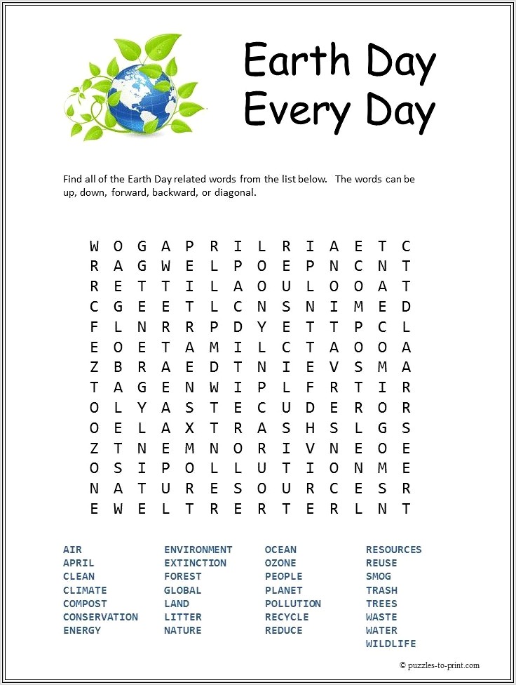 Free Printable Word Search Earth Day