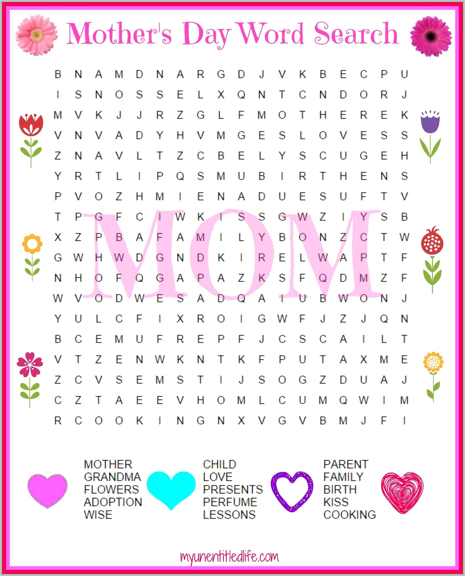 Free Printable Word Search Mothers Day