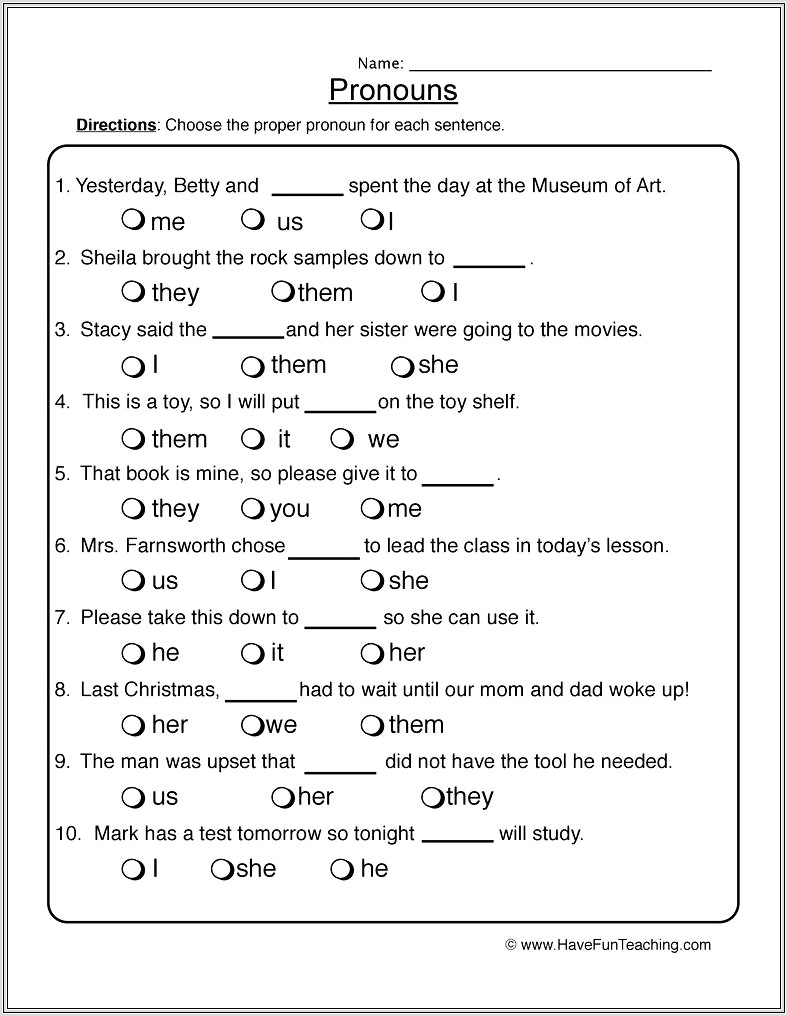 Free Pronouns Worksheet For Grade 2