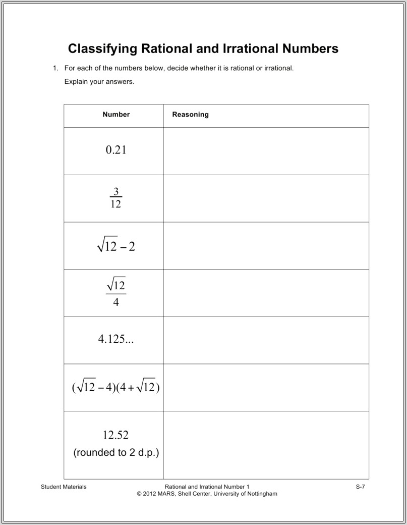 Free Worksheets Identifying Rational Irrational Numbers