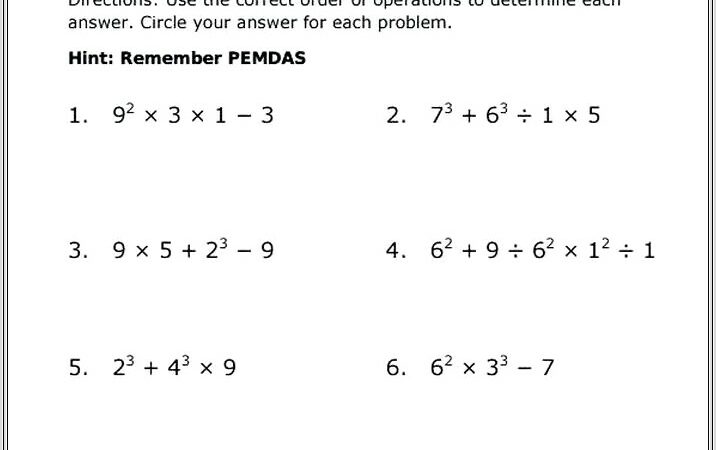 Free Worksheets Order Of Operations With Exponents