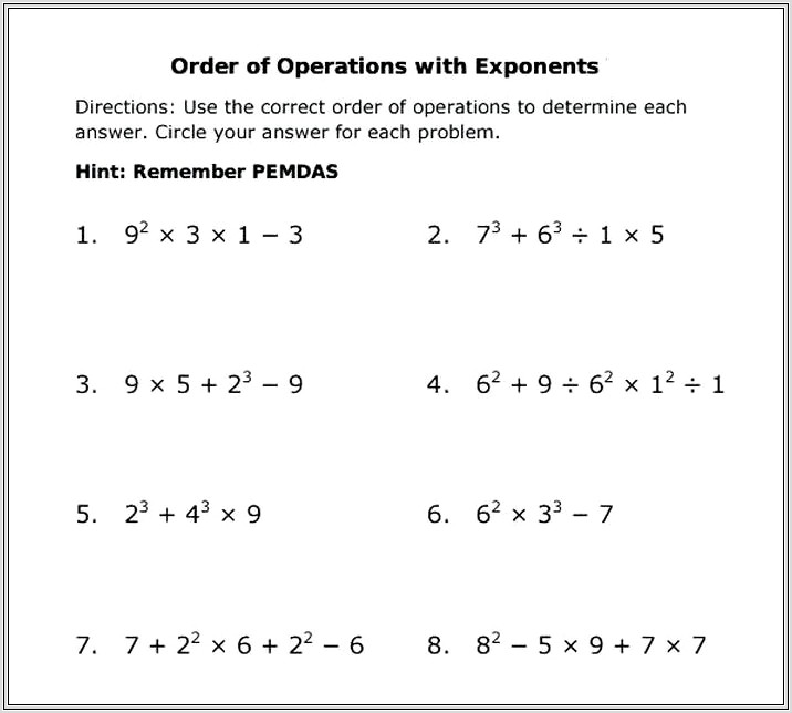 Free Worksheets Order Of Operations With Exponents