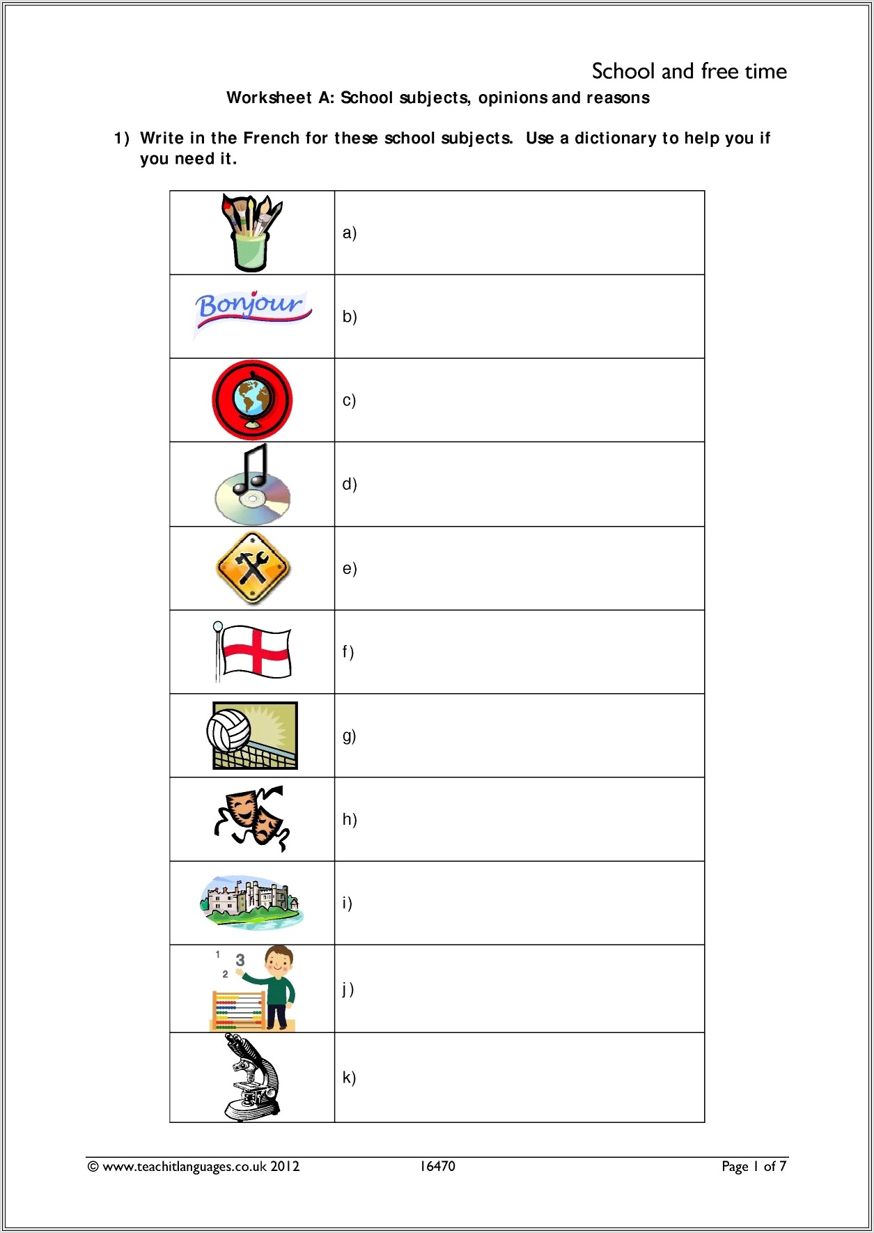 French School Subjects Worksheet Ks2