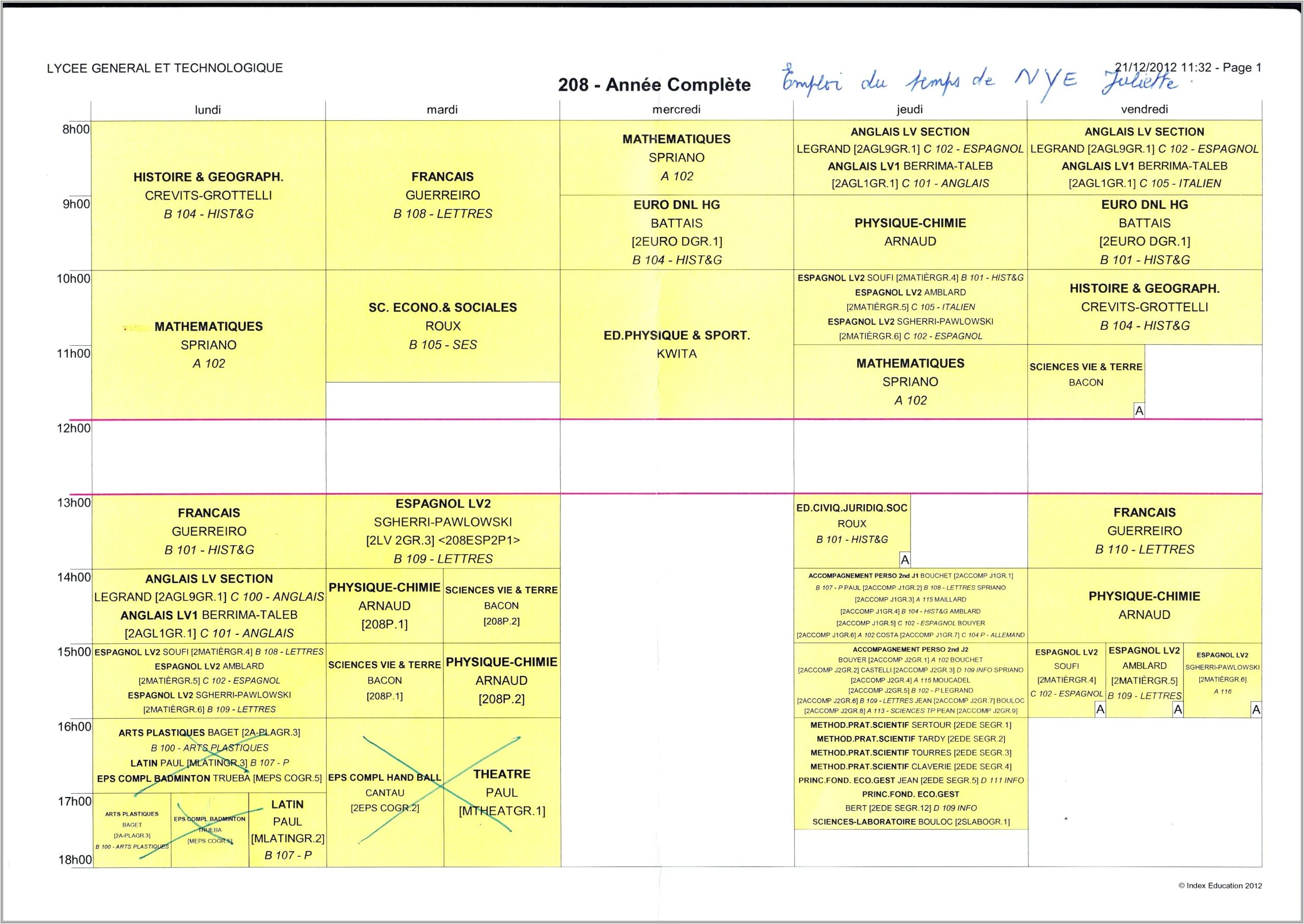 French School Timetable Worksheet