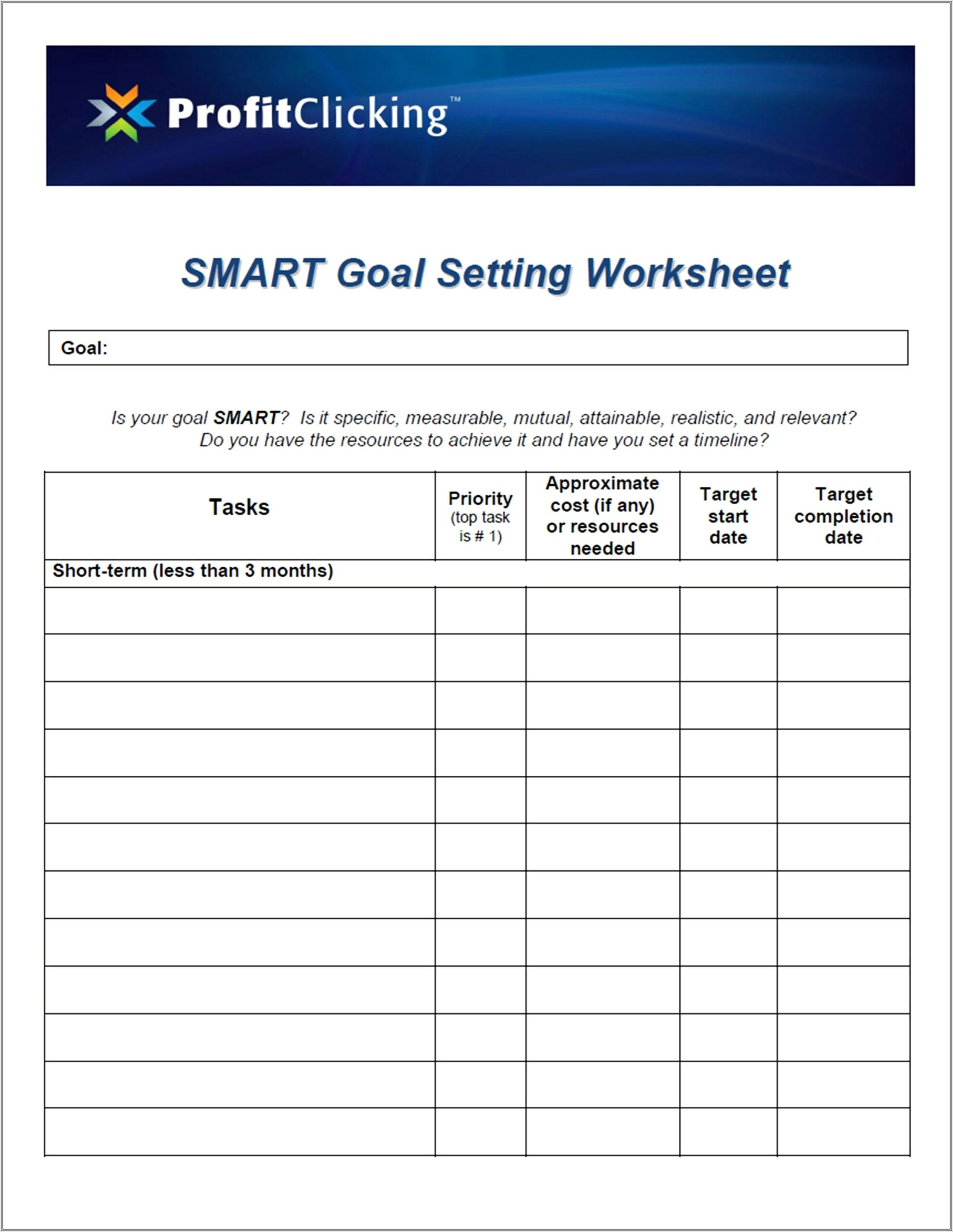 Goal Setting Worksheet For Mentally Ill