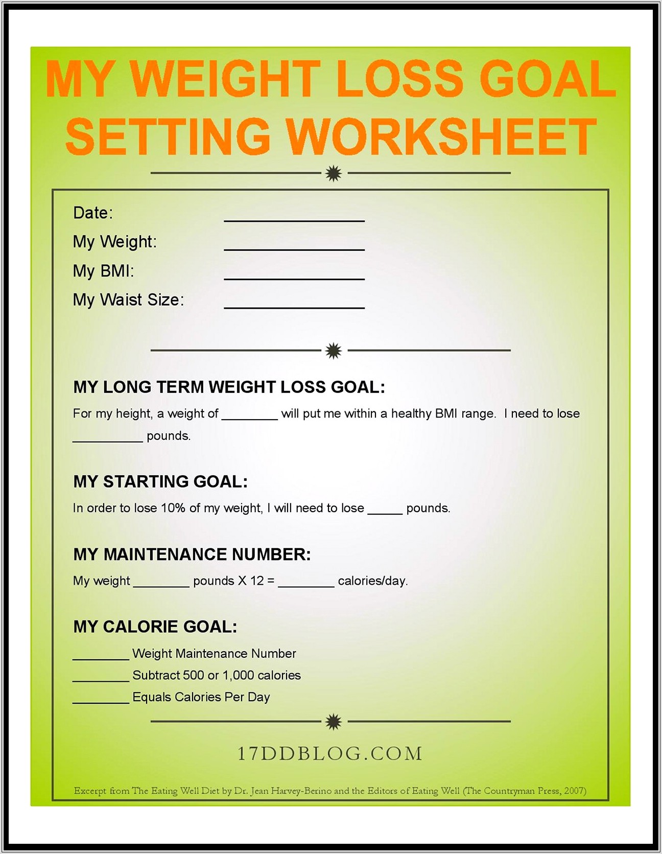 Goal Setting Worksheet Weight Loss