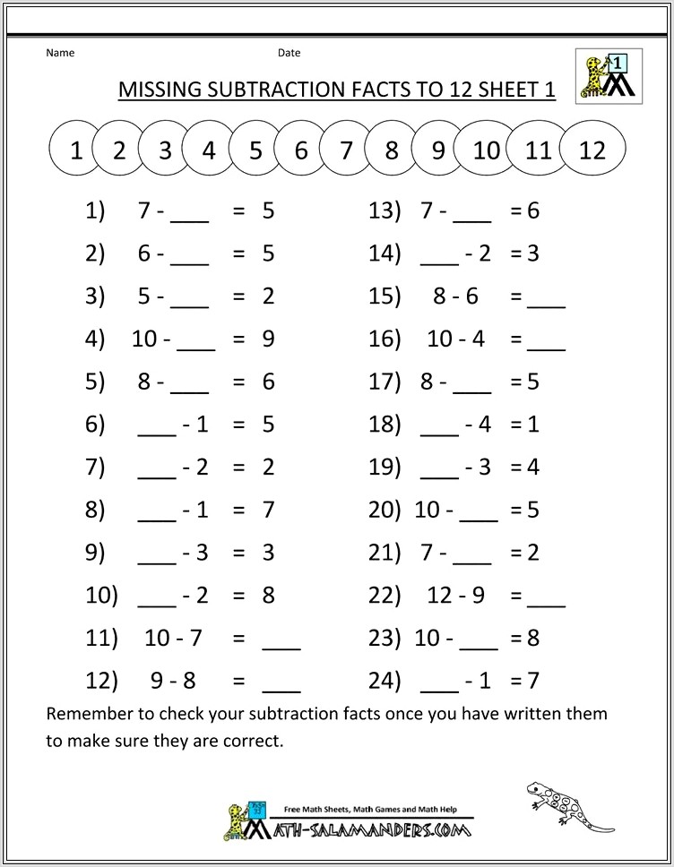 Grade 1 Subtraction Worksheet