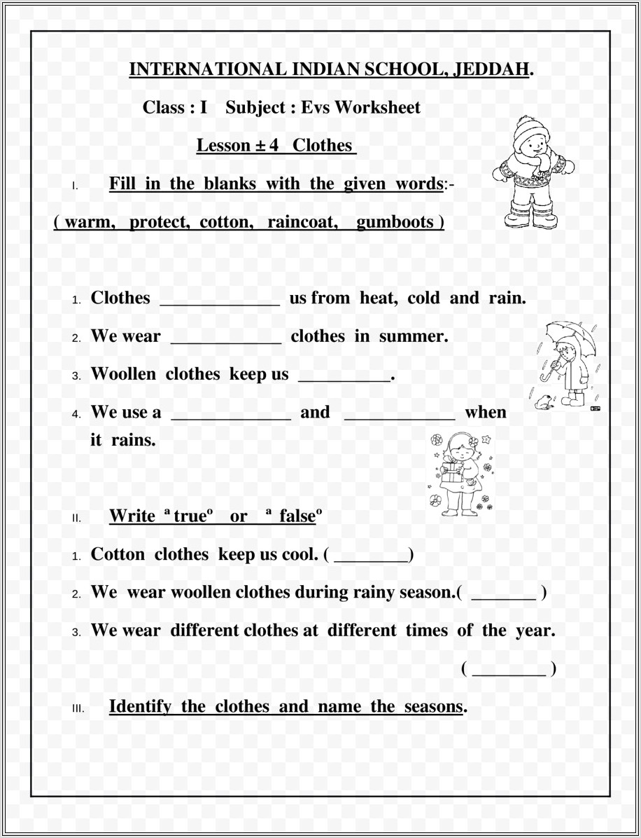 Grade 1 Worksheet Evs