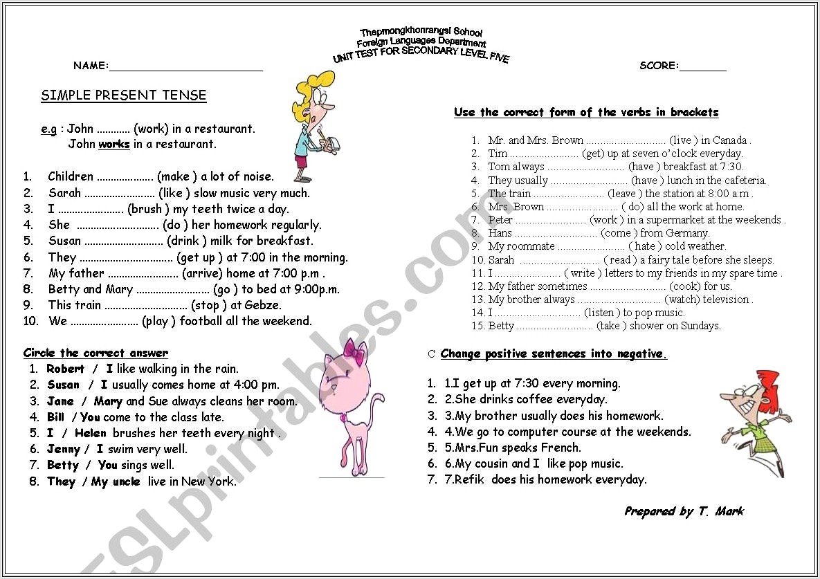 Grade 1 Worksheet For Simple Present Tense