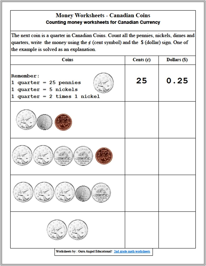 Grade 2 Math Worksheets Coins