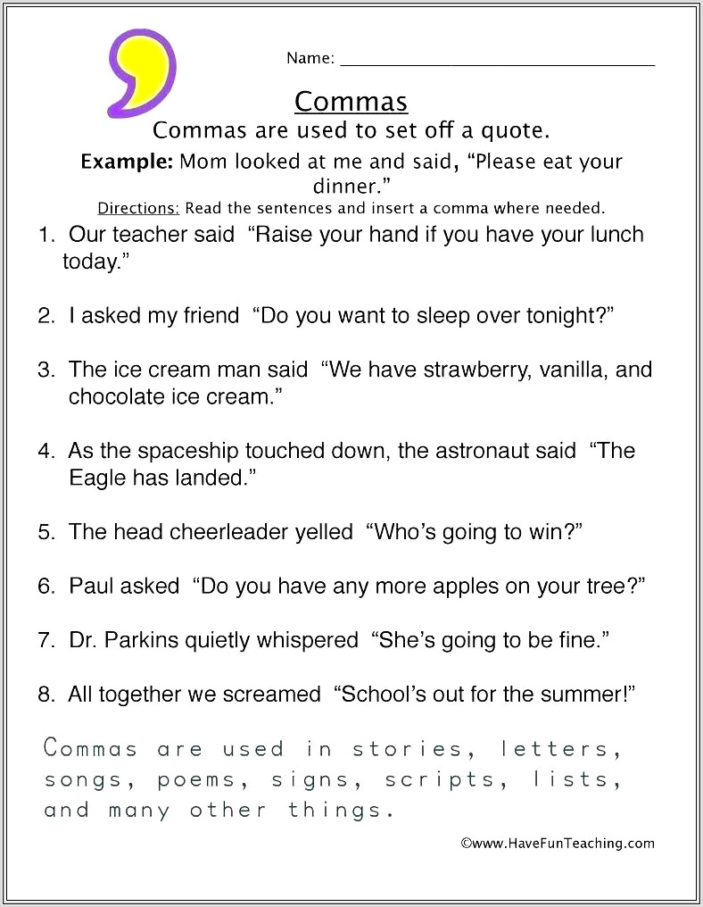 Grade 3 Worksheet Commas