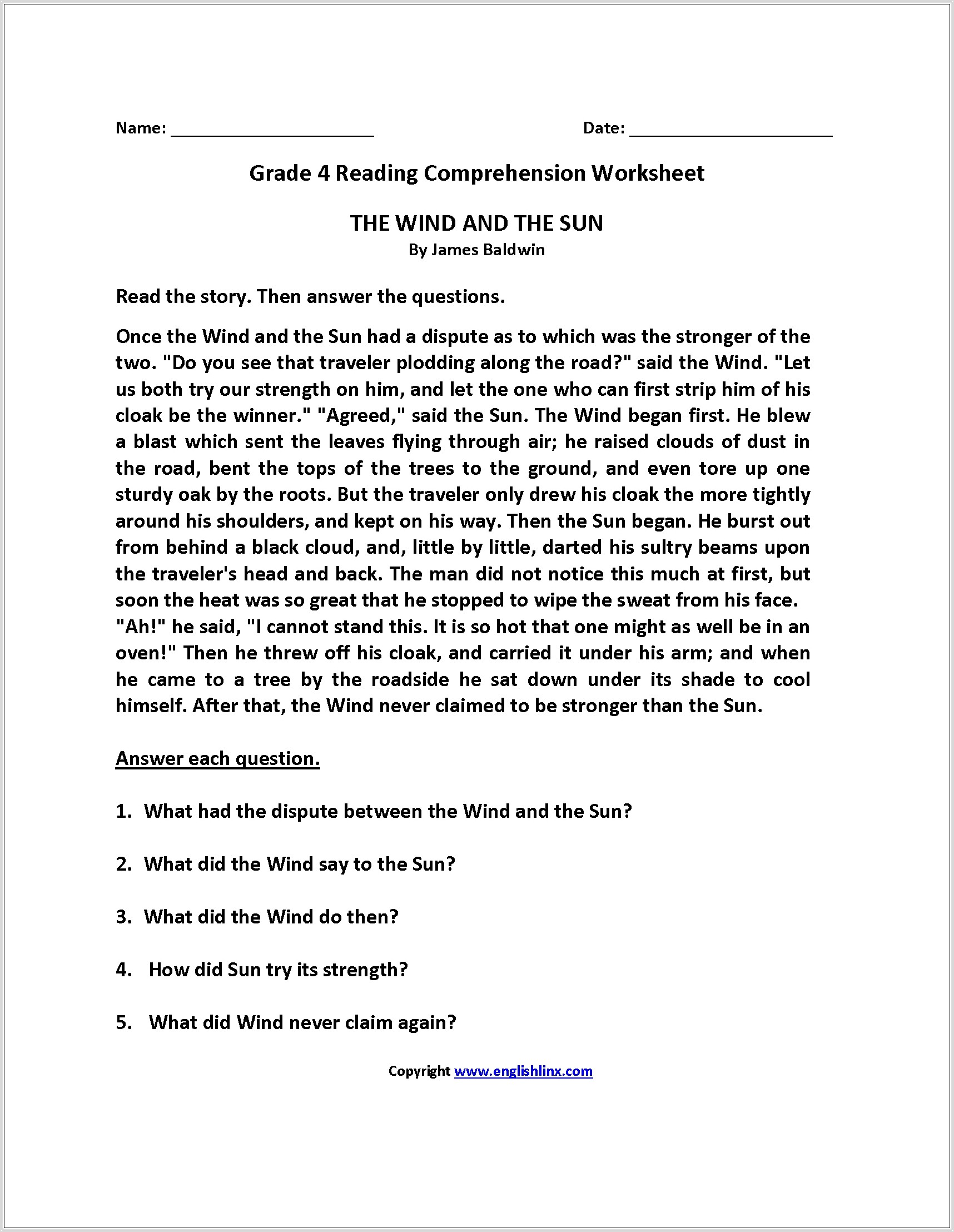 Grade 4 English Worksheets Comprehension