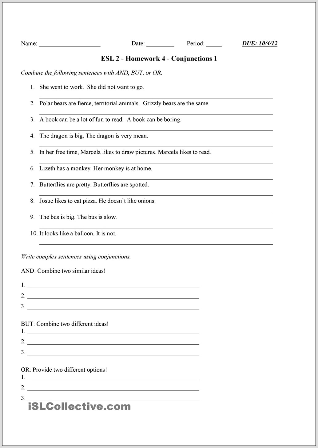 Grade 4 English Worksheets Conjunctions