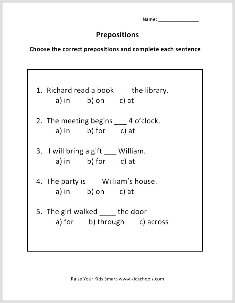 Grade 4 Worksheet Prepositions