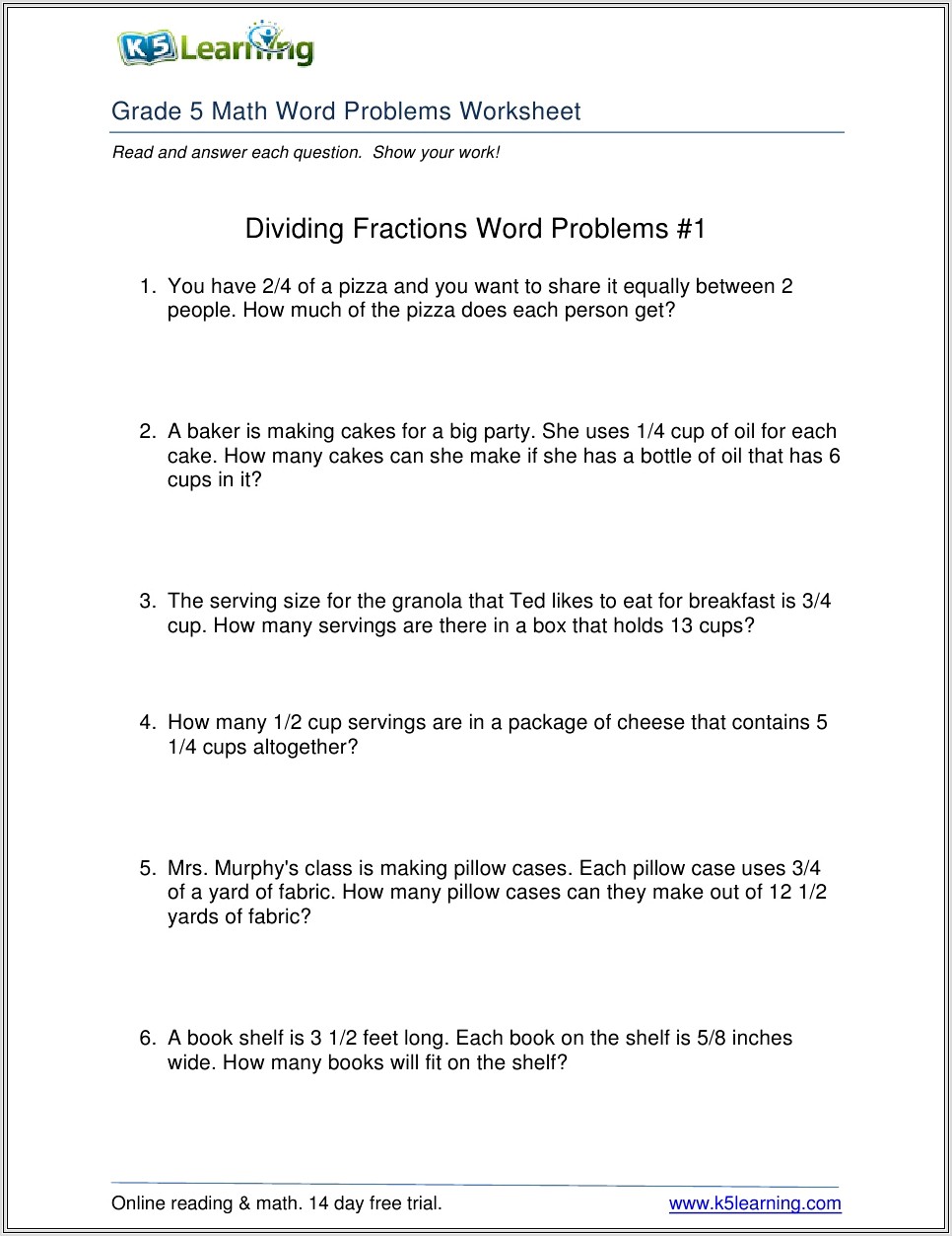 Grade 5 Math Word Problems Worksheet Answers