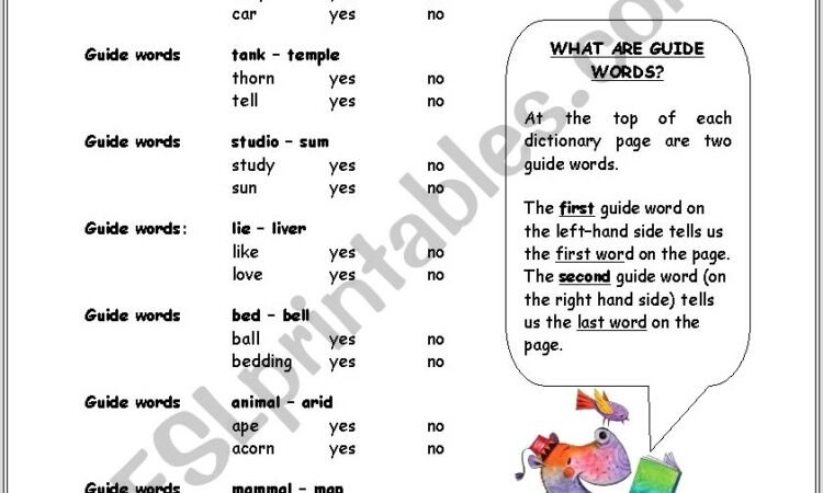 Guide Words Dictionary Skills Worksheet