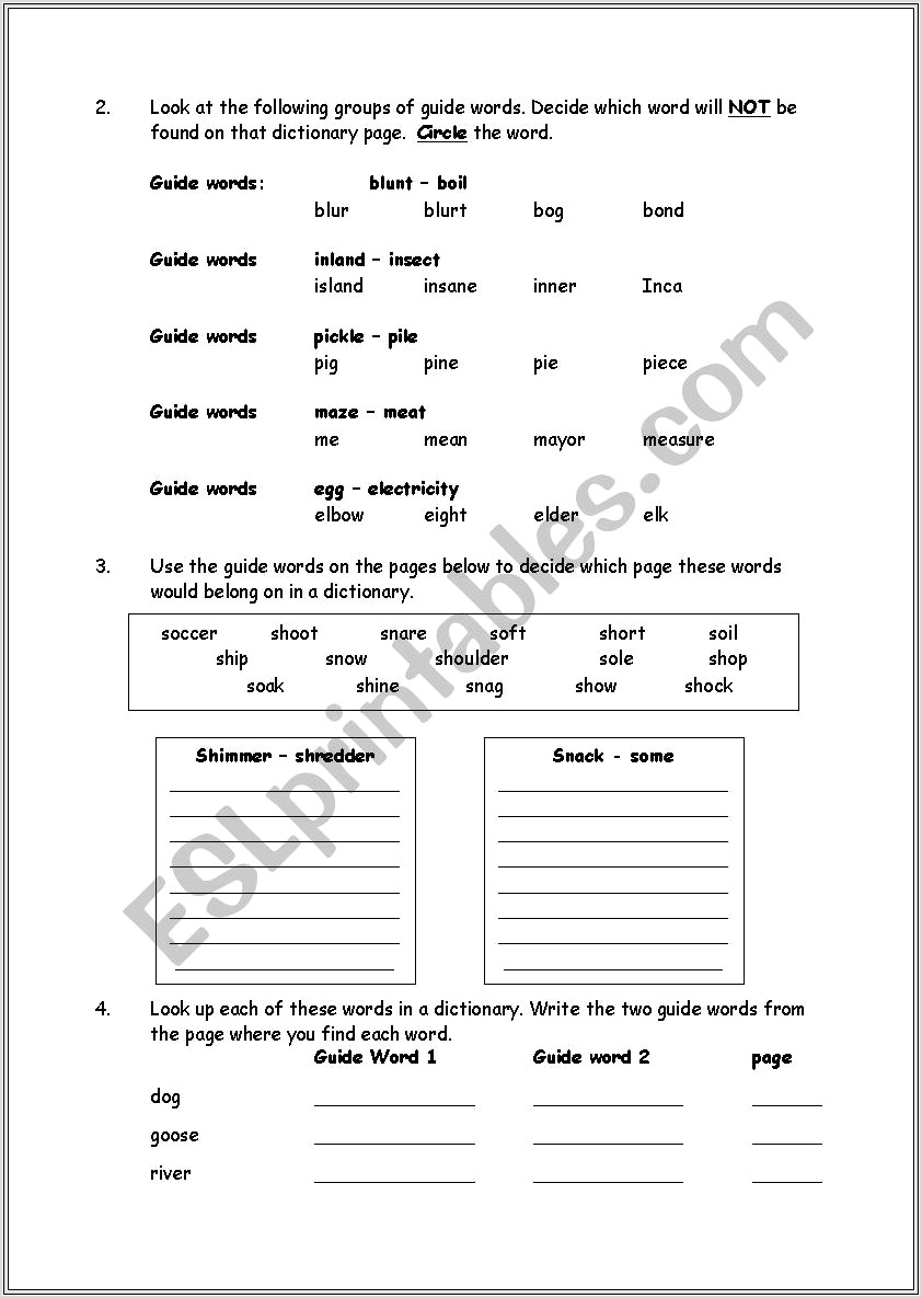 Guide Words Dictionary Worksheet