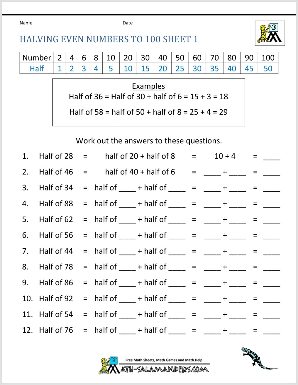 Halving Numbers Worksheet Ks2