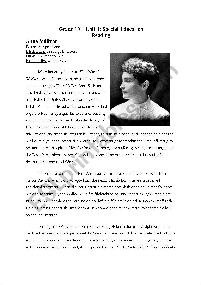 Helen Keller 3rd Grade Worksheet