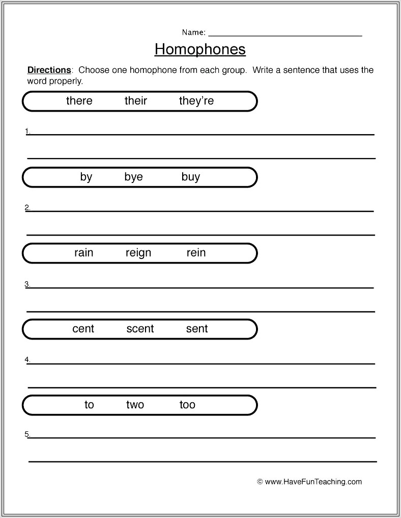 High School Homophone Worksheet