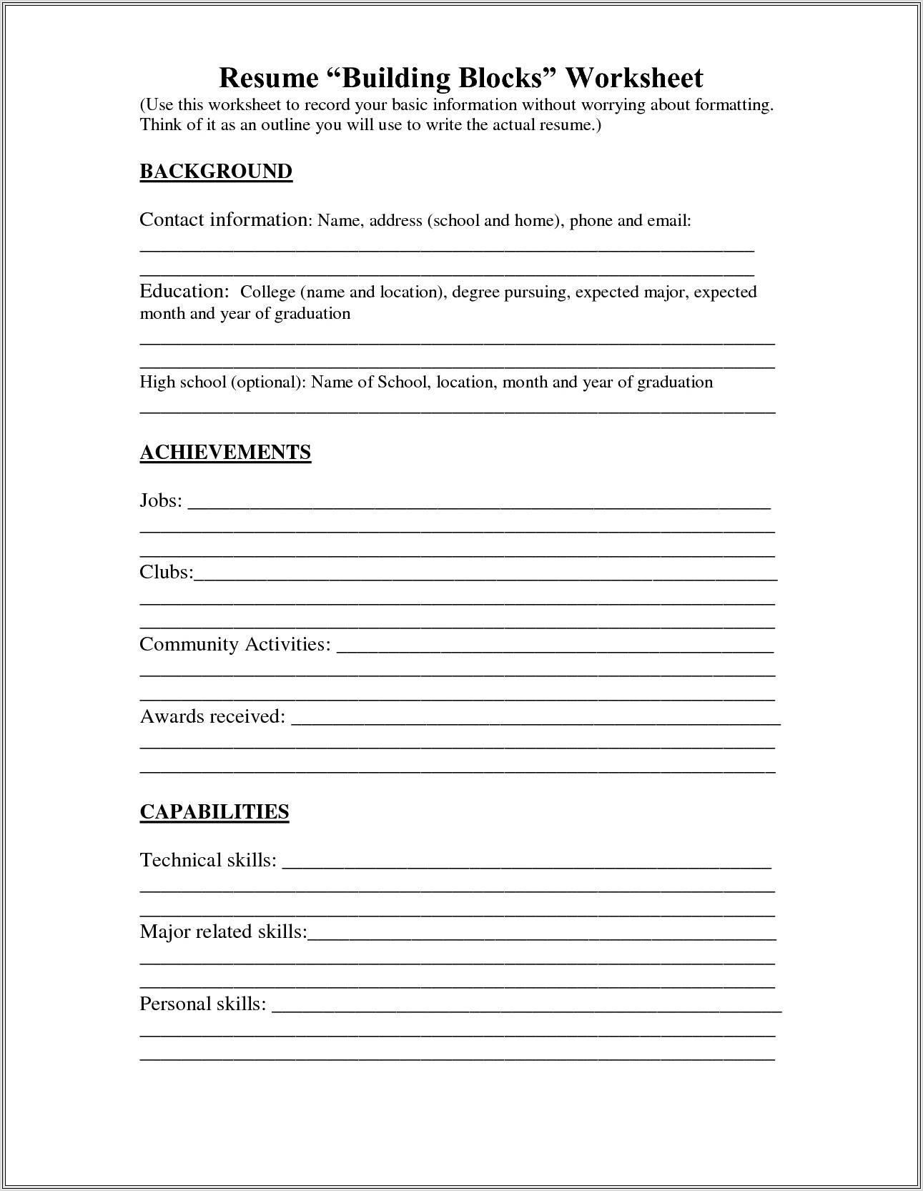 High School Resume Worksheet