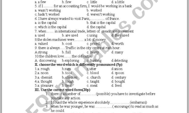 High School Worksheet English