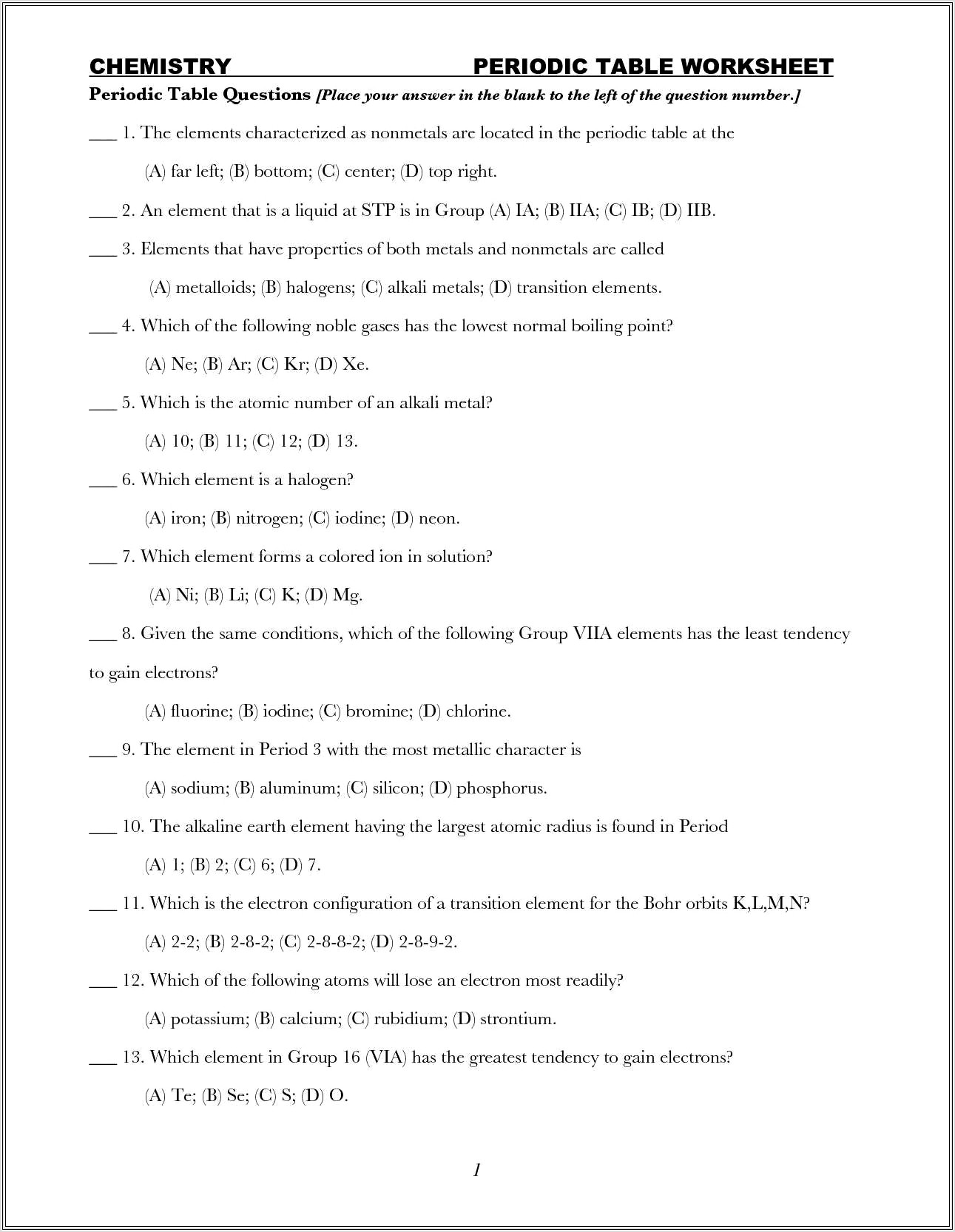 History Of The Periodic Table Worksheet Answers