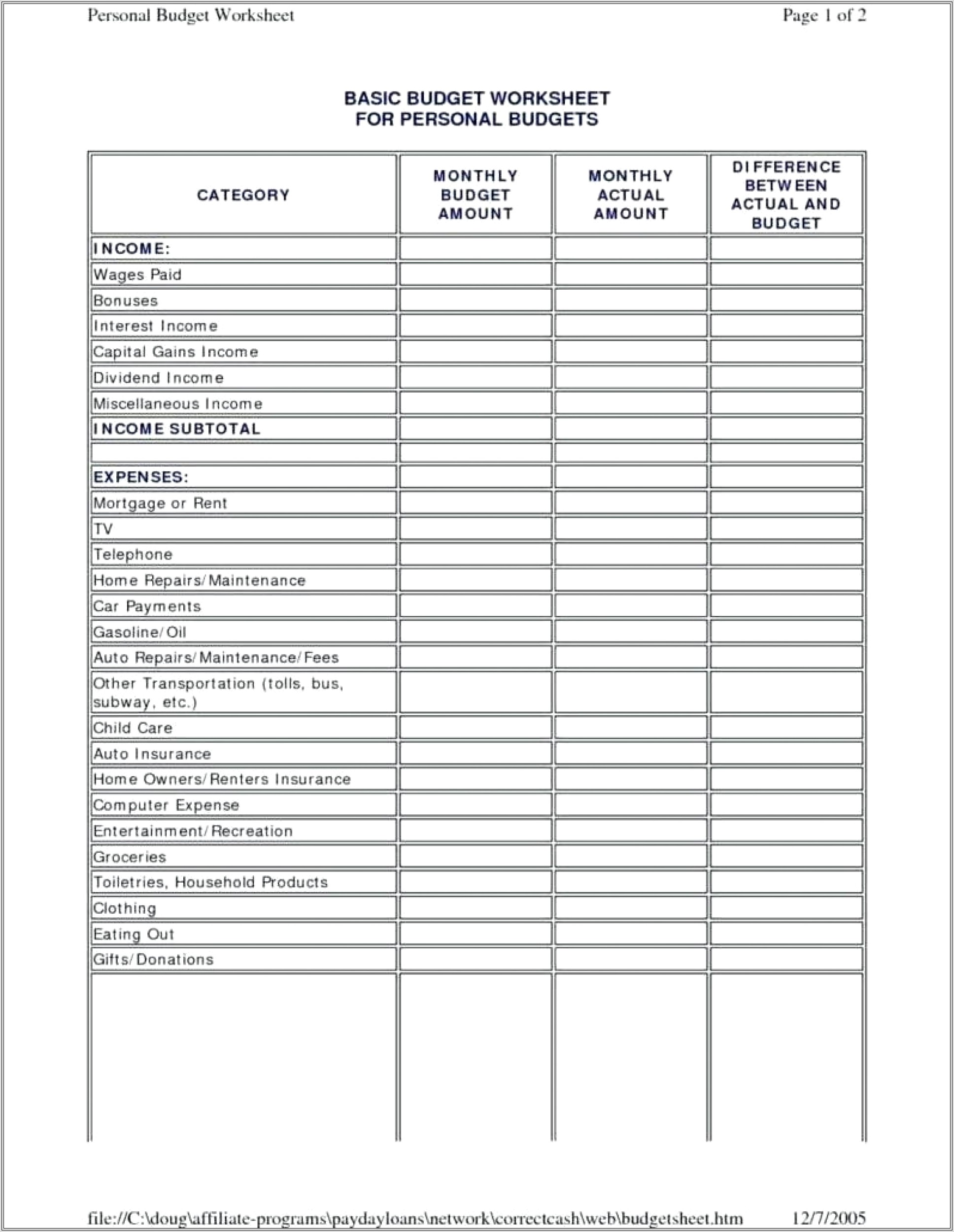 Home Budget Worksheet Excel Template