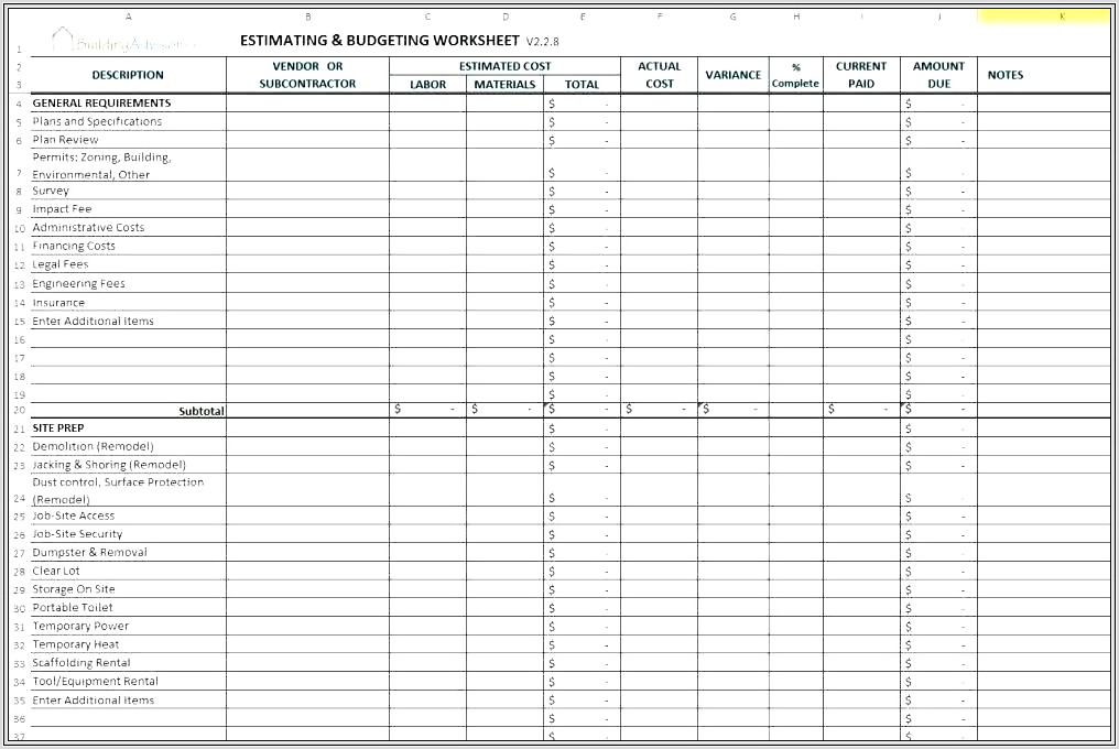 Home Repair Budget Worksheet