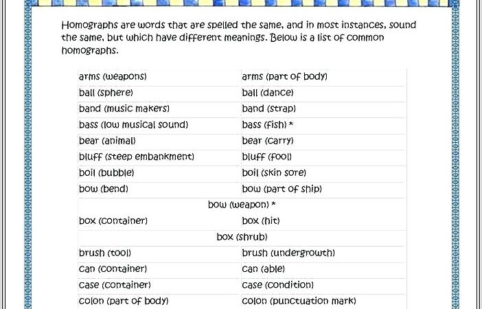 Homograph Worksheet Second Grade