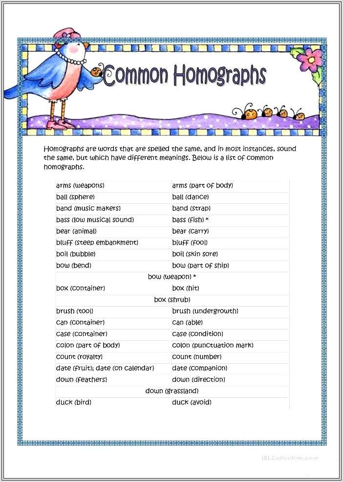 Homograph Worksheet Second Grade