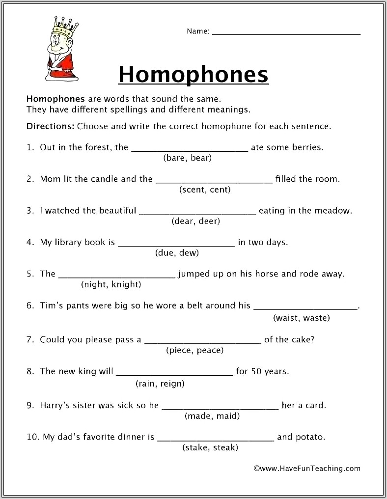Homophones Worksheets Free Printable Grade 5
