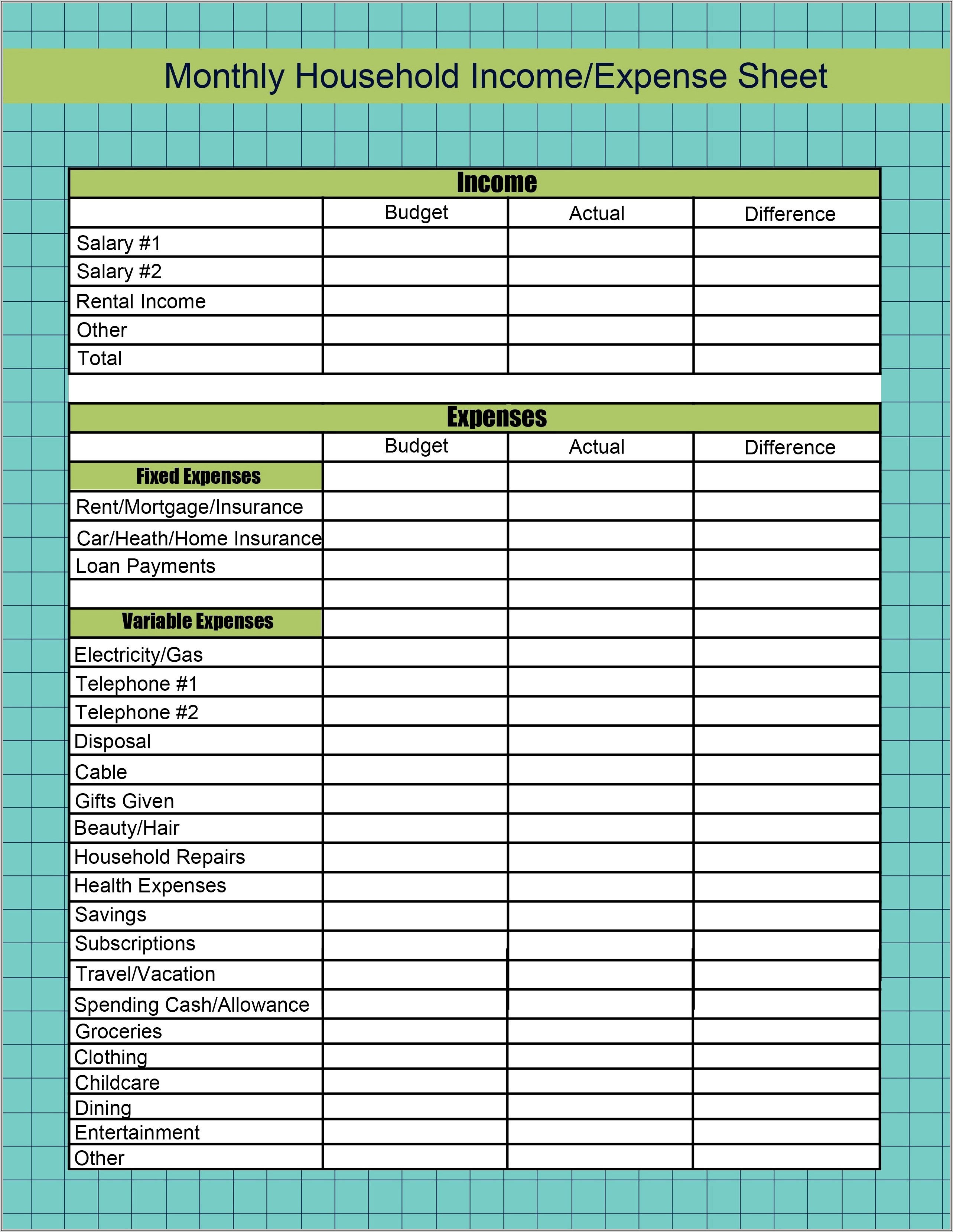 Household Budget Spreadsheet Canada