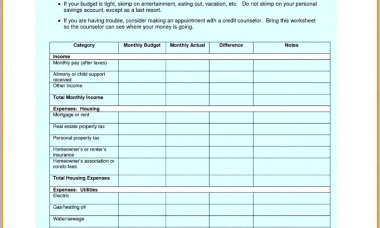 Household Budget Worksheet Australia